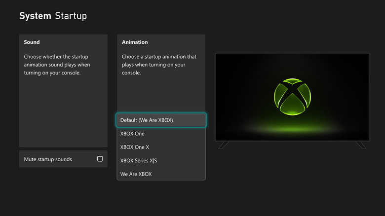 The startup animation options on Xbox console