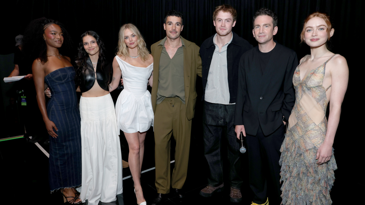 (L to R) Maya Boyd, Inde Navarrette, Samara Weaving, Christopher Abbott, Kit Connor, director Jake Schreier, and Sadie Sink at D23 2026. Photo: Disney.