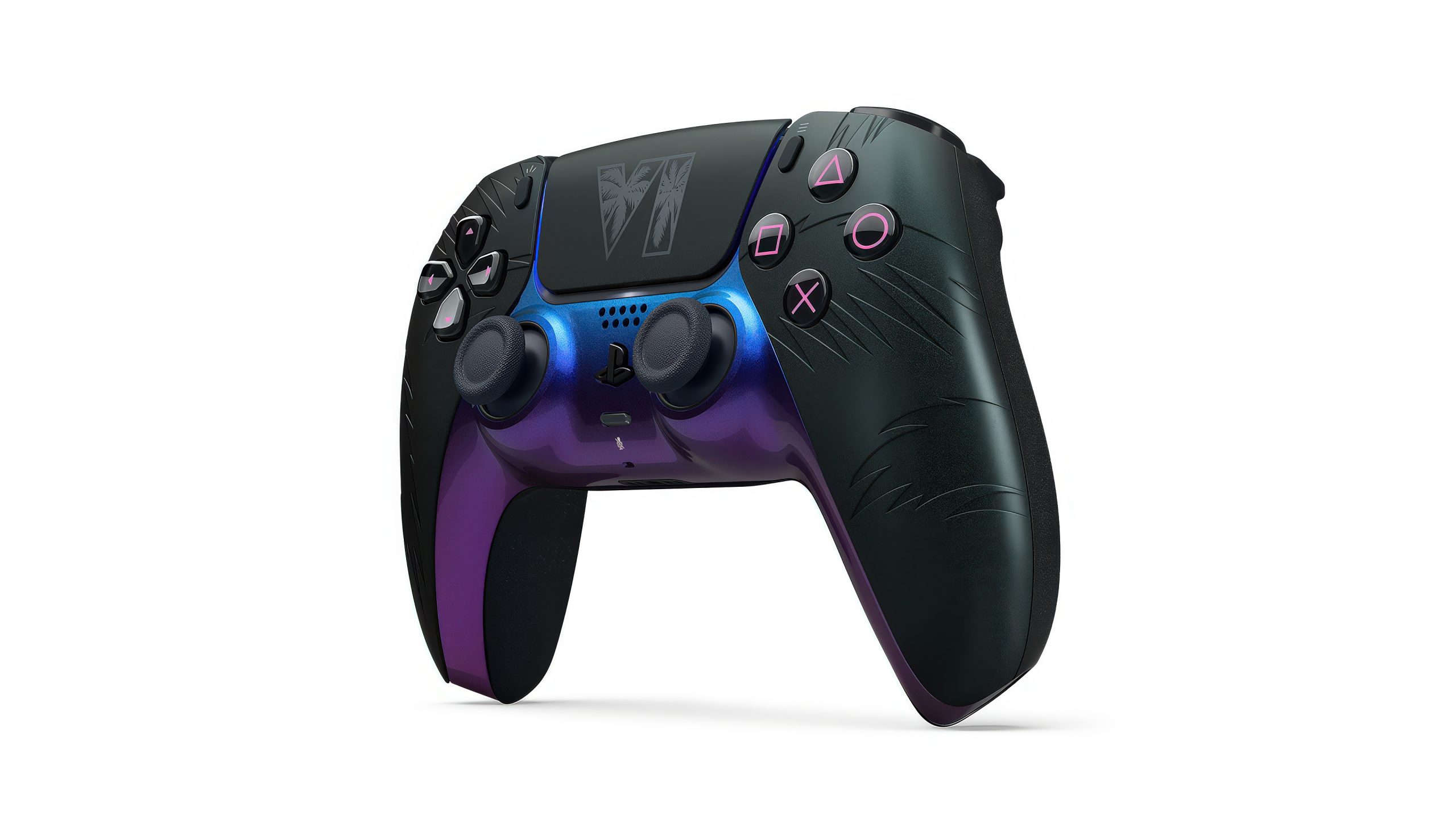 A custom black and purple PlayStation 5 DualSense controller with a 'GTA VI' emblem on the touchpad, featuring claw marks design.