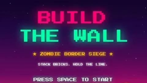 The White House A screenshot from the Build The Wall minigame, against a pink and purple background we see the neon pink and green the words "Build The Wall", then underneath it in yellow "Zombie Border Siege". Then below in white "Stack Bricks. Hold the Line" and below that "Press Space To Start". An retro-style sun is at the bottom.