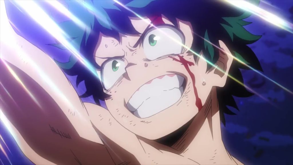 Deku with blood on his face doing a victory pose in My hero academia: two heroes, winner of crunchyroll anime awards - best anime movie in 2019