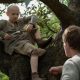 Dexter Sol Ansell as Egg sits on a tree while Peter Claffey as Duncan faces him