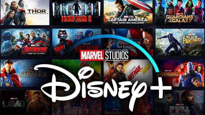 Marvel Studios and Disney+ logos in front of TV and movie tiles.