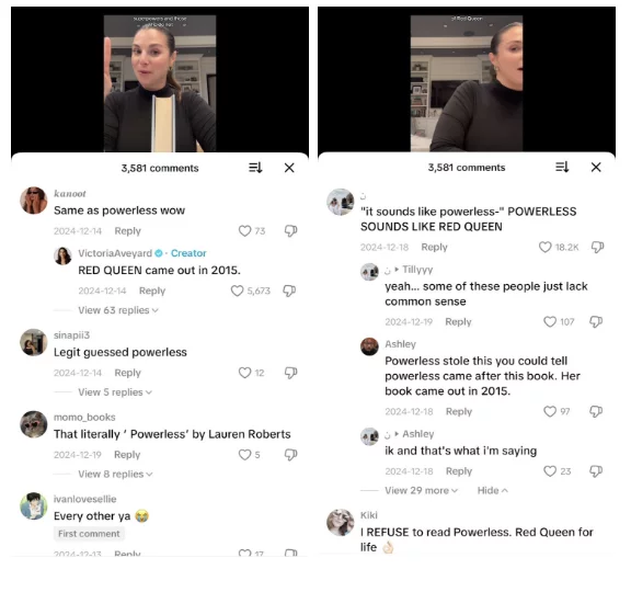 A screenshot of comments underneath Victoria Aveyard's TikTok video, accusing her book of being similar to the book Powerless.