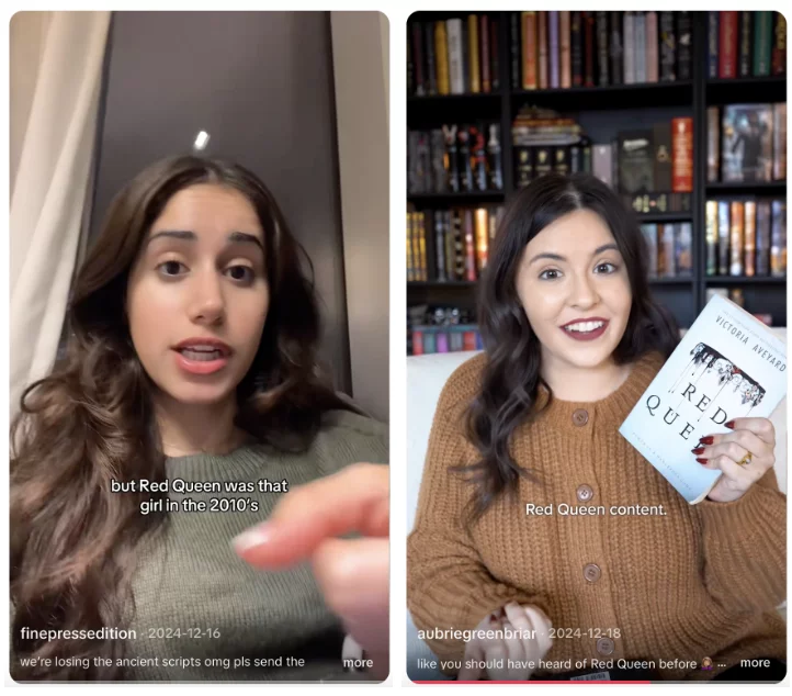 Two screenshots of TikTok videos discussing the YA novel Red Queen.
