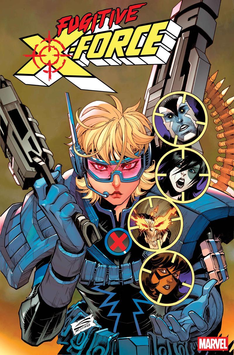 Variant cover for Fugitive X-Force by artist Gerado Sandoval that shows Boom-Boom in combat armor, with Warren Washington III, Domino, Akihiro, and Ms. Marvel in floating targets.