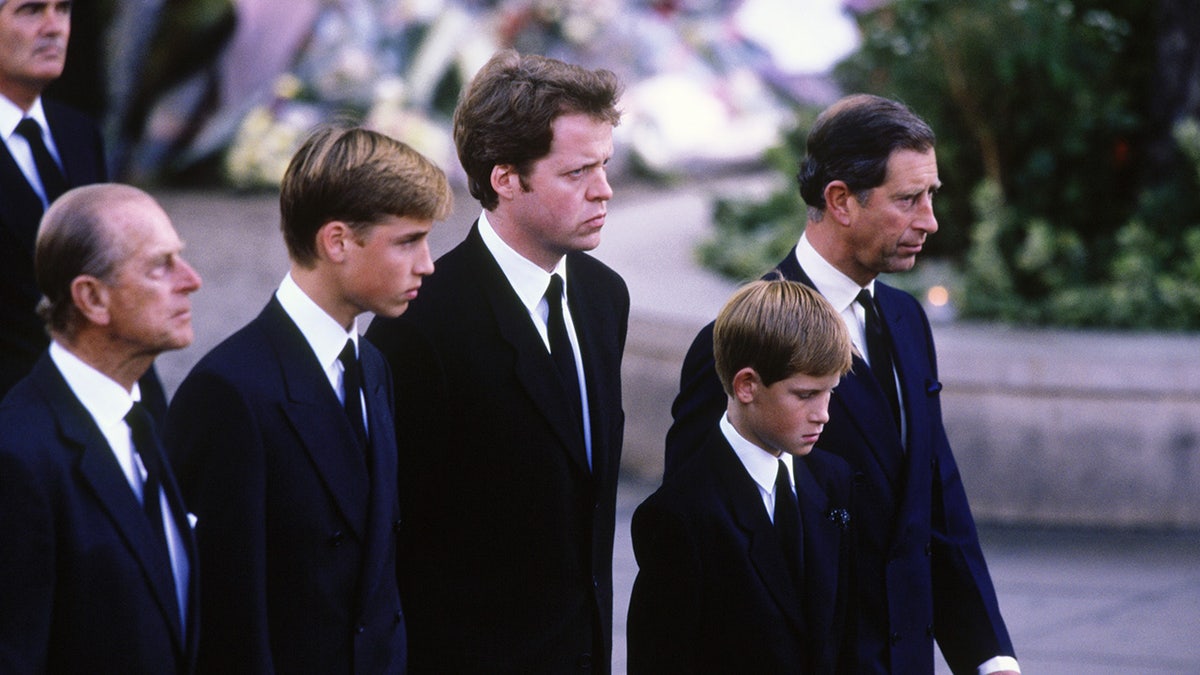 King Charles, Earl Charles Spencer and Prince Philip walk with a young Prince William and Prince Harry at Princess Diana's funeral.