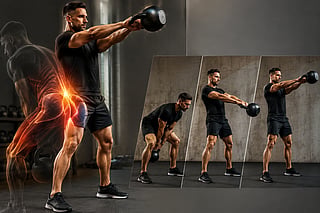 A dynamic gym scene demonstrates the explosive hip driven mechanics of kettlebell swings.