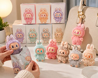 A colorful blind box unboxing scene features collectible bag charms and plush figures.