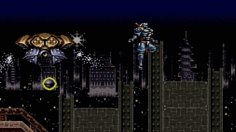 Hagane leaps in the sky while an enemy ship shoots at him in Hagane: The Final Conflict