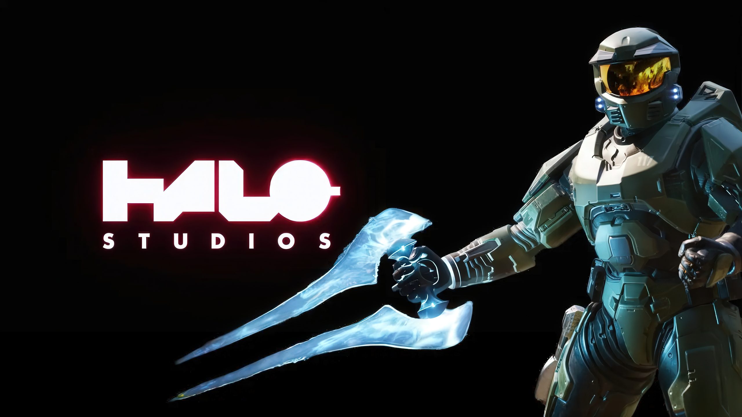 A character in futuristic armor holding an energy sword is next to the 'HALO STUDIOS' logo on a dark background.