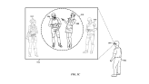 Patent drawing of someone wearing smart glasses and watching recognized people laughing