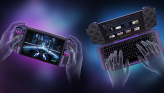 Illustration of the Project DualPlay Mini being used as a gaming handheld and then as a tiny laptop