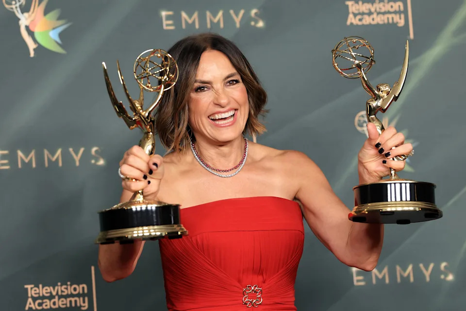 Mariska Hargitay poses with the Emmys she won for her HBO documentary, "My Mom Jayne," on Sept. 5.