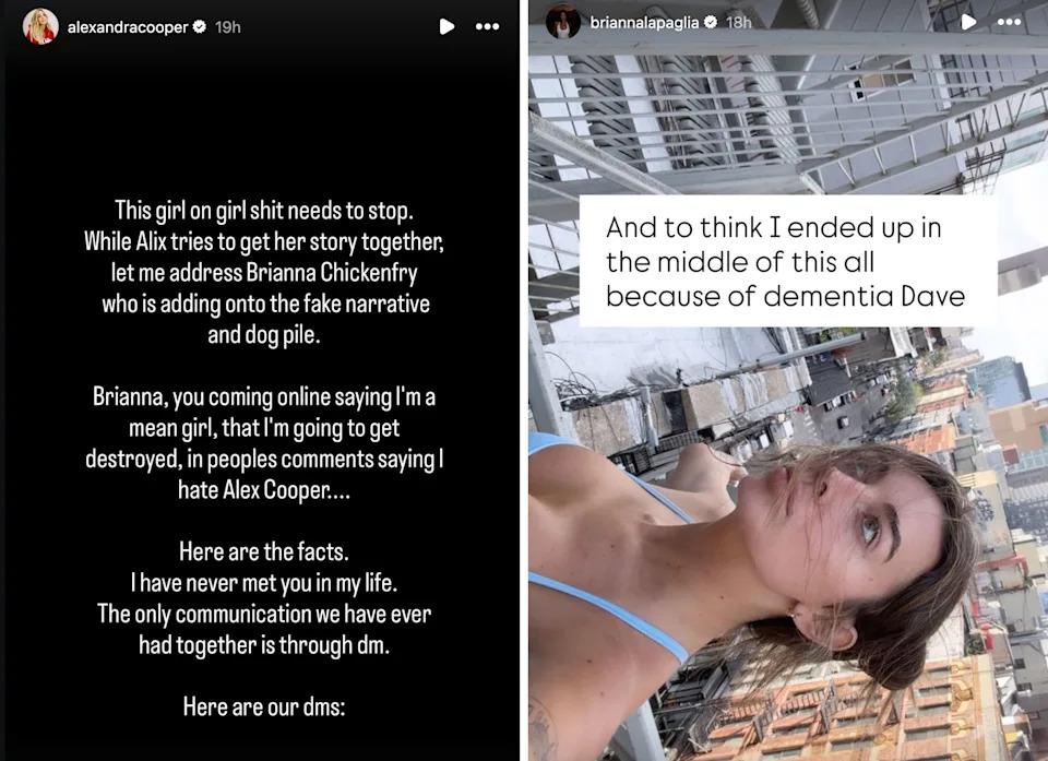 Alex Cooper and Brianna LaPaglia's Instagram stories side by side.