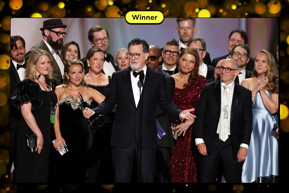 Stephen Colbert and the crew of<em>The Late Show With Stephen Colbert </em>accept the award for Outstanding Variety Series.