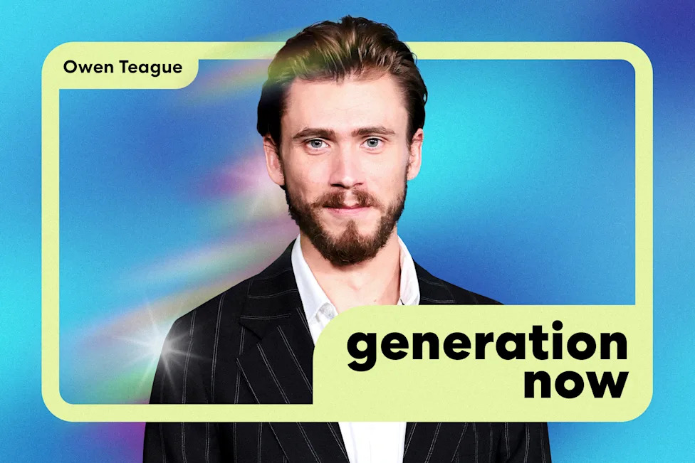 Portrait of Owen Teague in a dark suit against a blue gradient background, framed by pale green graphics reading 'generation now.'