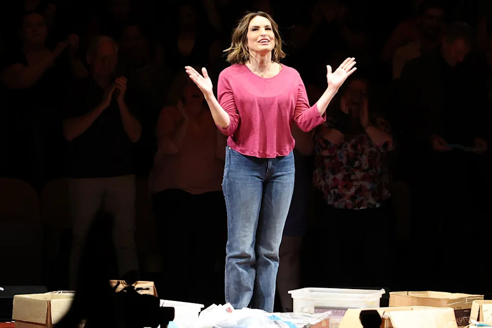 Mariska Hargitay acknowledges the audience after making her Broadway debut during the opening night of "Every Brilliant Thing" at Hudson Theatre on June 02, 2026 in New York City.