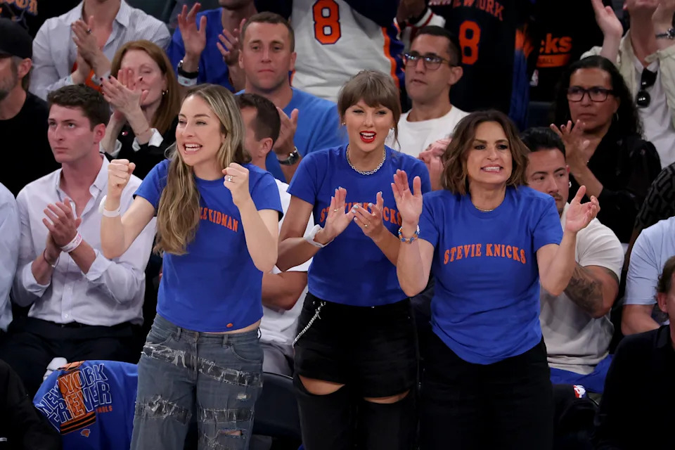 Este Haim, Taylor Swift, and Mariska Hargitay attend Game Four of the 2026 NBA Finals between the San Antonio Spurs and the New York Knicks at Madison Square Garden on June 10.