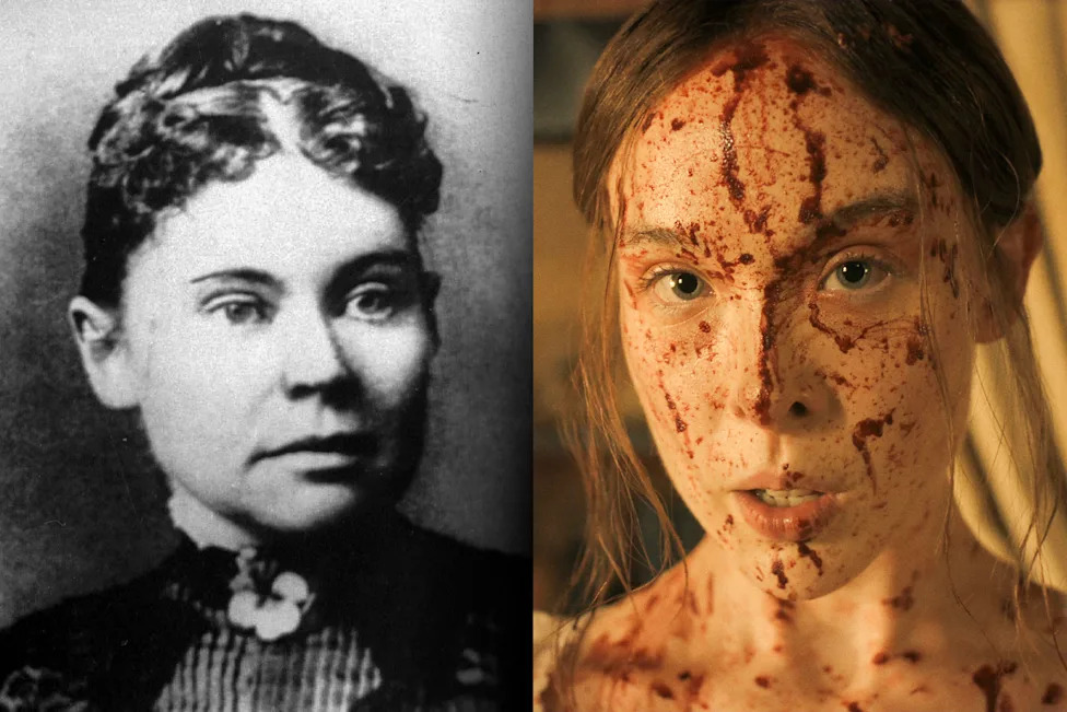 Ella Beatty's face covered in fake blood in a scene from Netflix's Monster: The Lizzie Borden Story