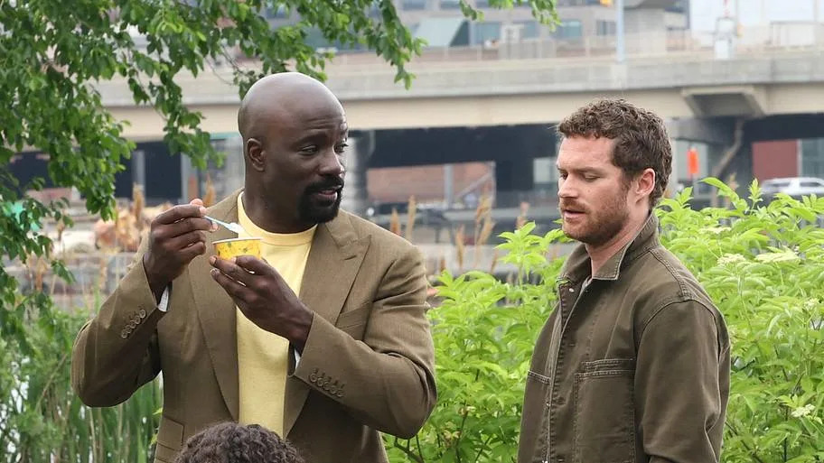 NEW YORK, NY - MAY 27: Mike Colter and Finn Jones are seen on the set of