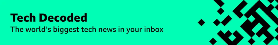 A green promotional banner with black squares and rectangles forming pixels, moving in from the right. The text says: "Tech Decoded: The world's biggest tech news in your inbox every Monday."