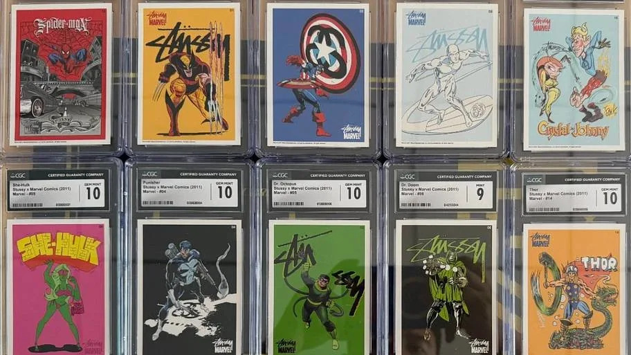Spider-Man, Wolverine, and Captain America are among the Marvel characters featured in the 17-card 2011 Stssy x Marvel set.