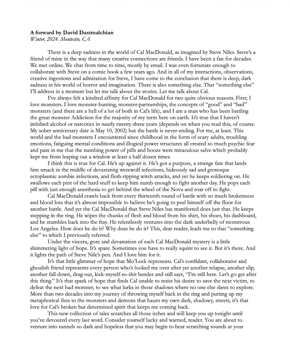 Foreword for Cal McDonald Plague of Evil and Other Stories by David Dastmalchian