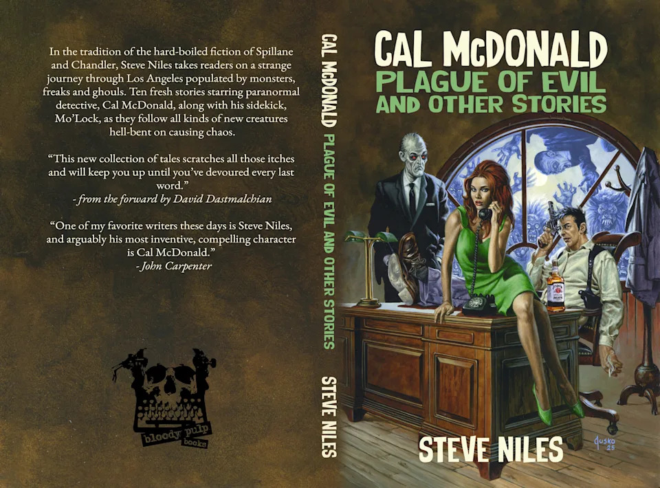Cover and back for Cal McDonald Plague of Evil and Other Stories with art by Cat Staggs