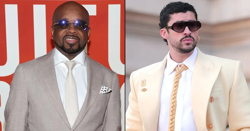 Split image. Left: Jermaine Dupri in a beige suit and sunglasses. Right: Bad Bunny in a cream suit with gold accents and sunglasses.