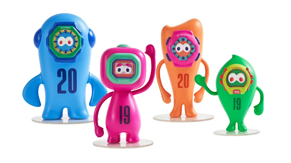 Four colorful cartoon figures with watch faces as heads, numbered 19 and 20, in blue, pink, orange, and green.