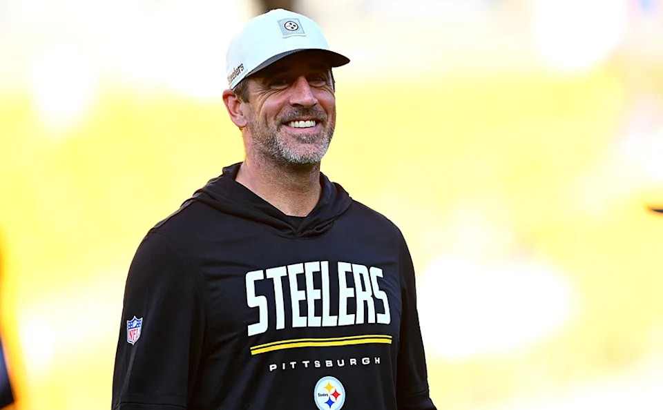 Aaron Rodgers #8 of the Pittsburgh Steelers looks on prior to the game against the New York Jets at Acrisure Stadium on August 21, 2026 in Pittsburgh, Pennsylvania.