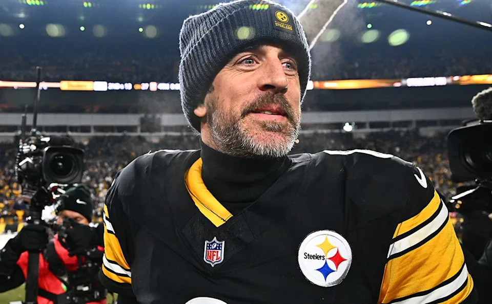Aaron Rodgers #8 of the Pittsburgh Steelers looks on after defeating the Baltimore Ravens at Acrisure Stadium on January 04, 2026 in Pittsburgh, Pennsylvania.