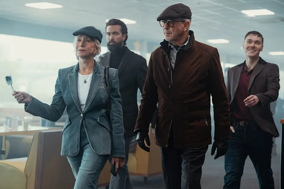 Helen Mirren as Maeve Harrigan, Emmett J Scanlan as Paul, Pierce Brosnan as Conrad Harrigan, and Jack Archer as Fergus in 'MobLand'Credit: Luke Varley/Paramount+