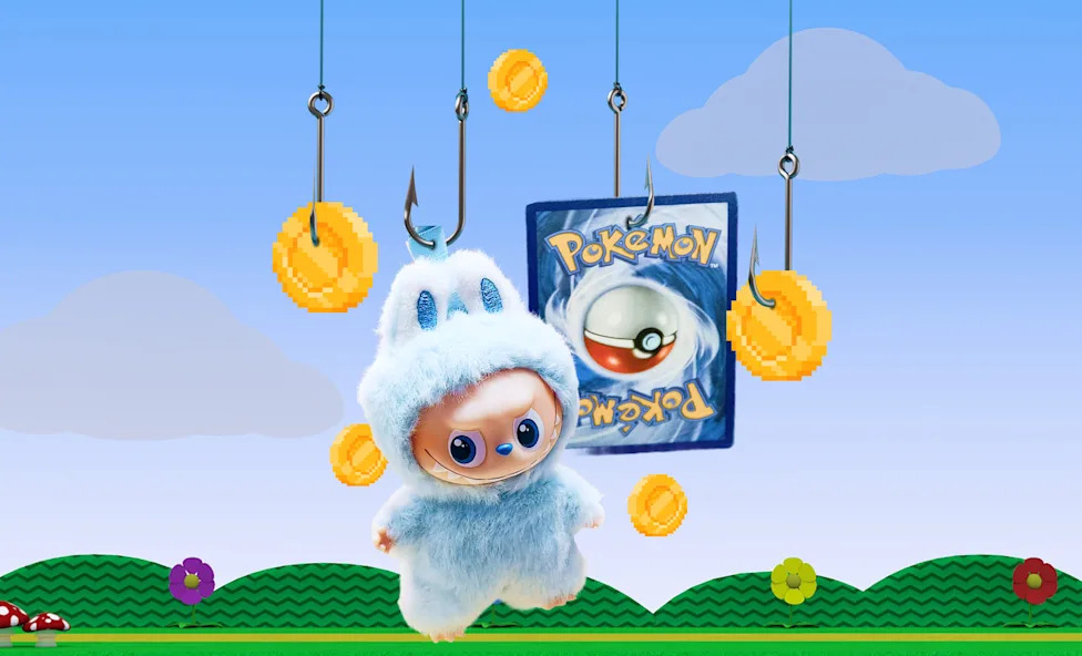 A plush toy in a blue outfit and a Pokémon card with digital coins in a playful background.