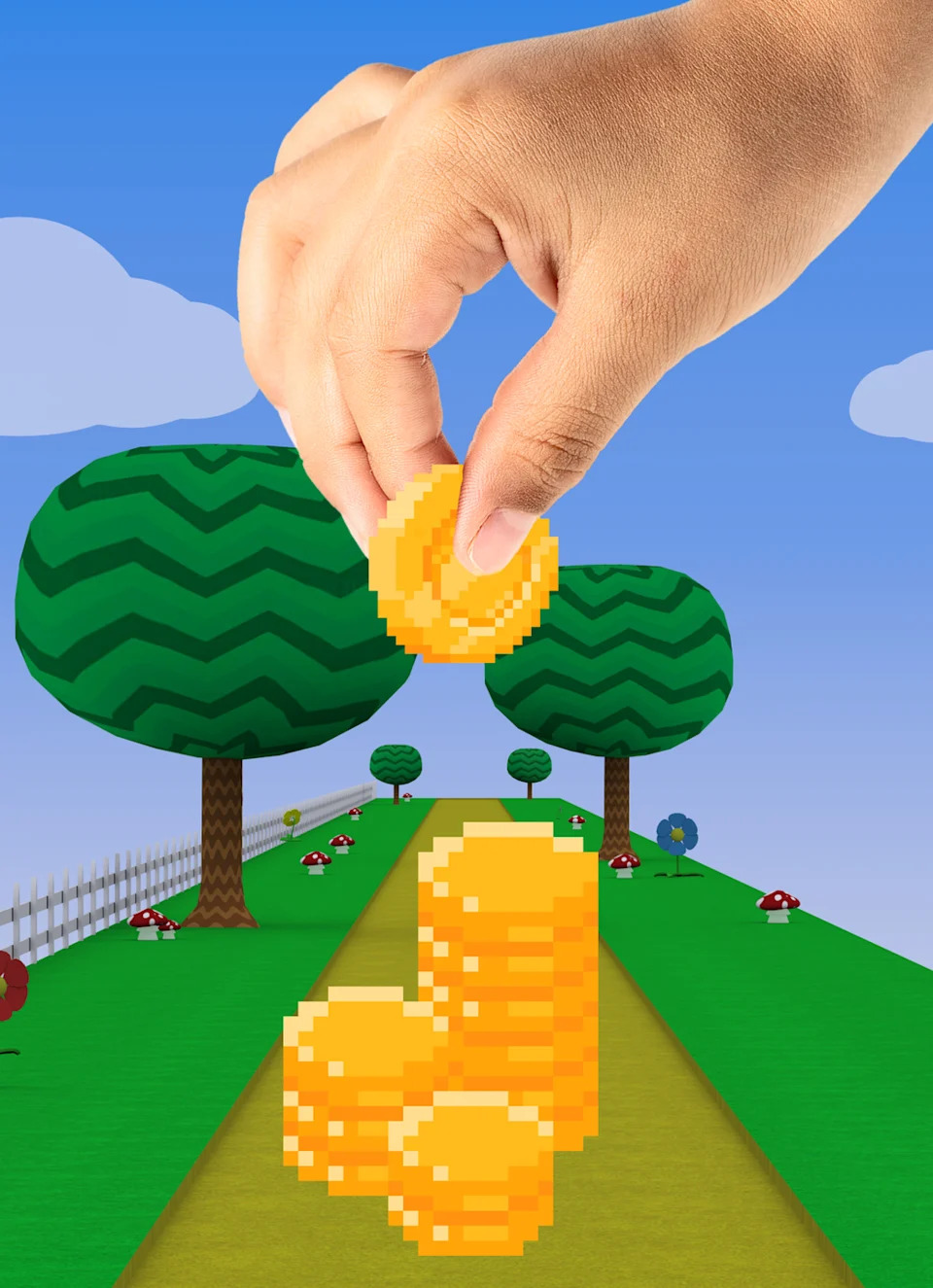 Hand placing pixelated coins on a digital path.