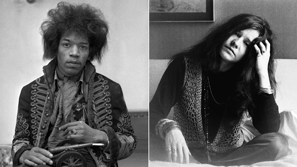 Split image of Jimi Hendrix and Janis Joplin portraits