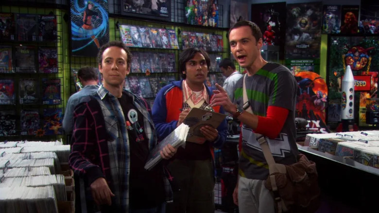 Stuart, Raj, and Sheldon at a comic book store in "The Big Bang Theory"