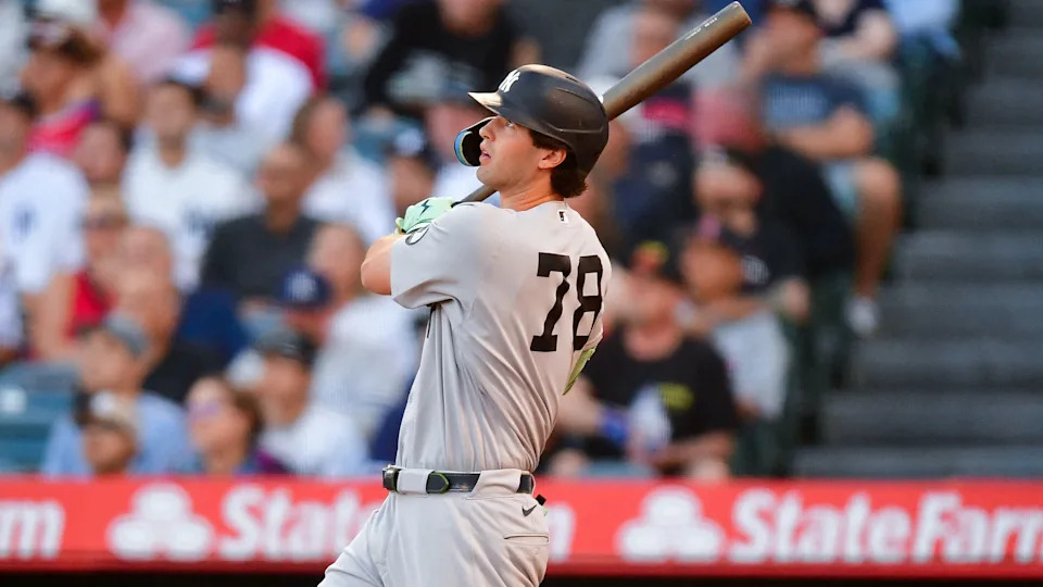 New York Yankees right fielder Spencer Jones (78) hits a two run home run against the Los Angeles Angels during the first inning at Angel Stadium.