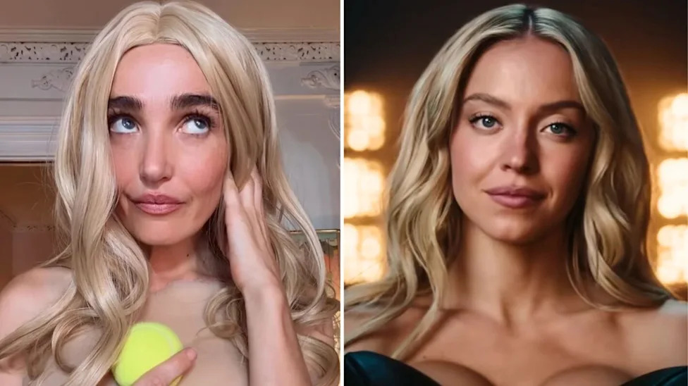 Chloe Fineman parodying Sydney Sweeney's Novig commercial, Sweeney in the actual commercial
