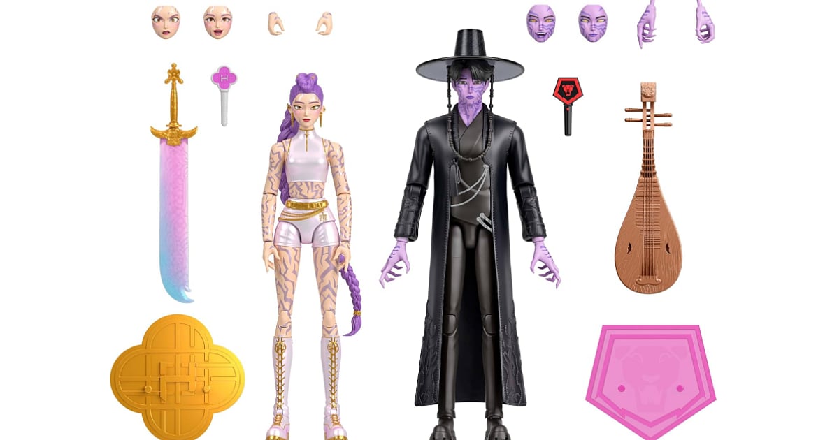 Mattel KPop Demon Hunters action figures of Mira and Jinu displayed with interchangeable faces, hands, weapons, and character accessories.