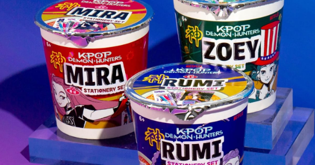 KPop Demon Hunters Mira, Rumi, and Zoey stationery sets displayed in character-themed containers.