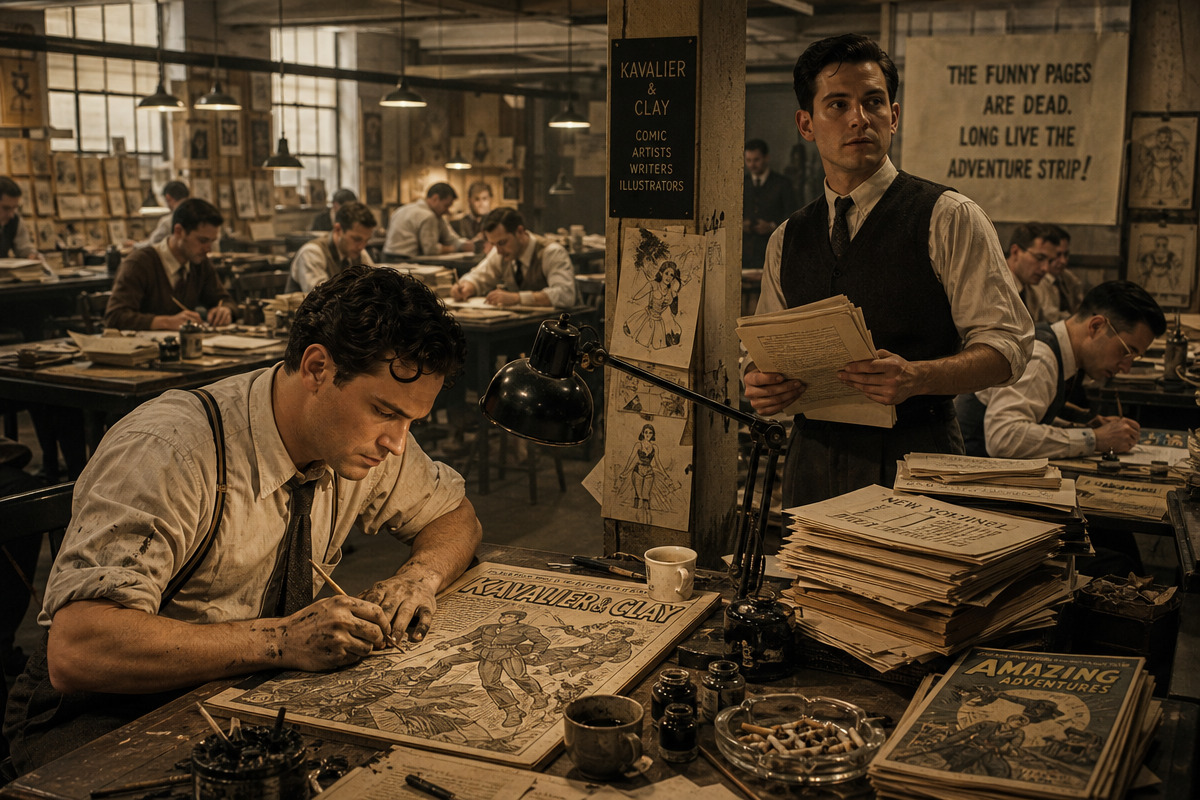 Josef Kavalier draws at a drafting table as Sammy Clay stands nearby in a crowded Golden Age comics office.