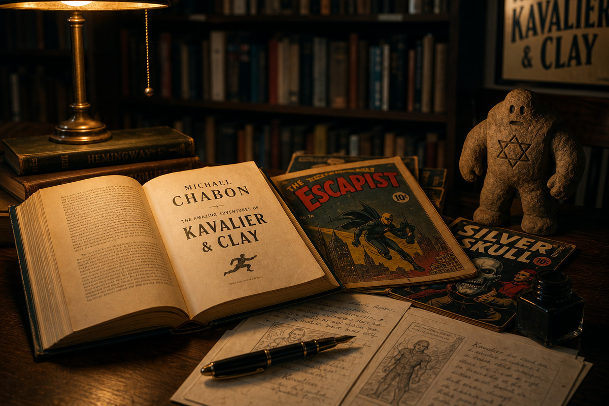 An open hardcover novel, vintage comics, and manuscript pages rest on a desk in a dim library study.