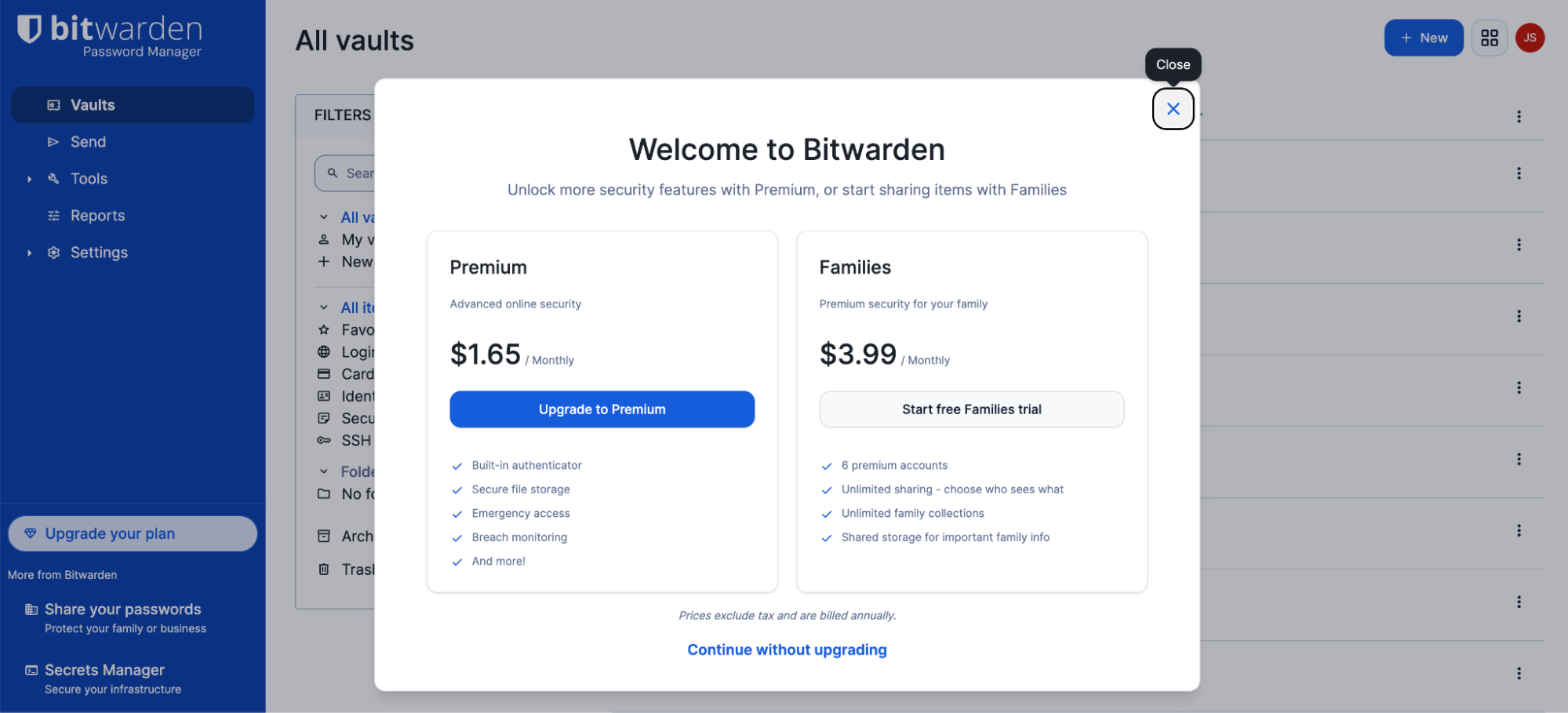 bitwarden upselling on premium plans