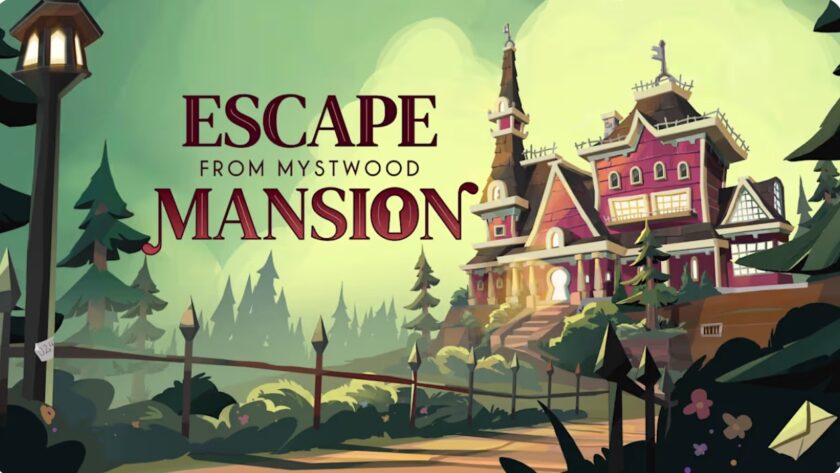 Promotional image for Escape From Mystwood Mansion showing a large mansion with a long drive. The sky is greenish with a few trees surrounding the house. Published on LadiesGamers.