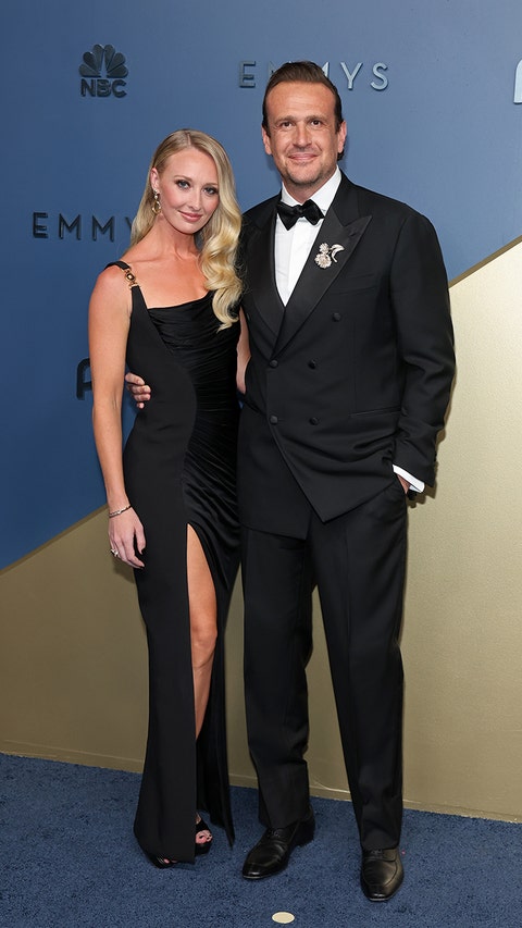 LOS ANGELES, CALIFORNIA - SEPTEMBER 14: (L-R) Kayla Radomski and Jason Segel attend the 78th Primetime Emmy Awards at Peacock Theater on September 14, 2026 in Los Angeles, California. (Photo by Amy Sussman/Getty Images)