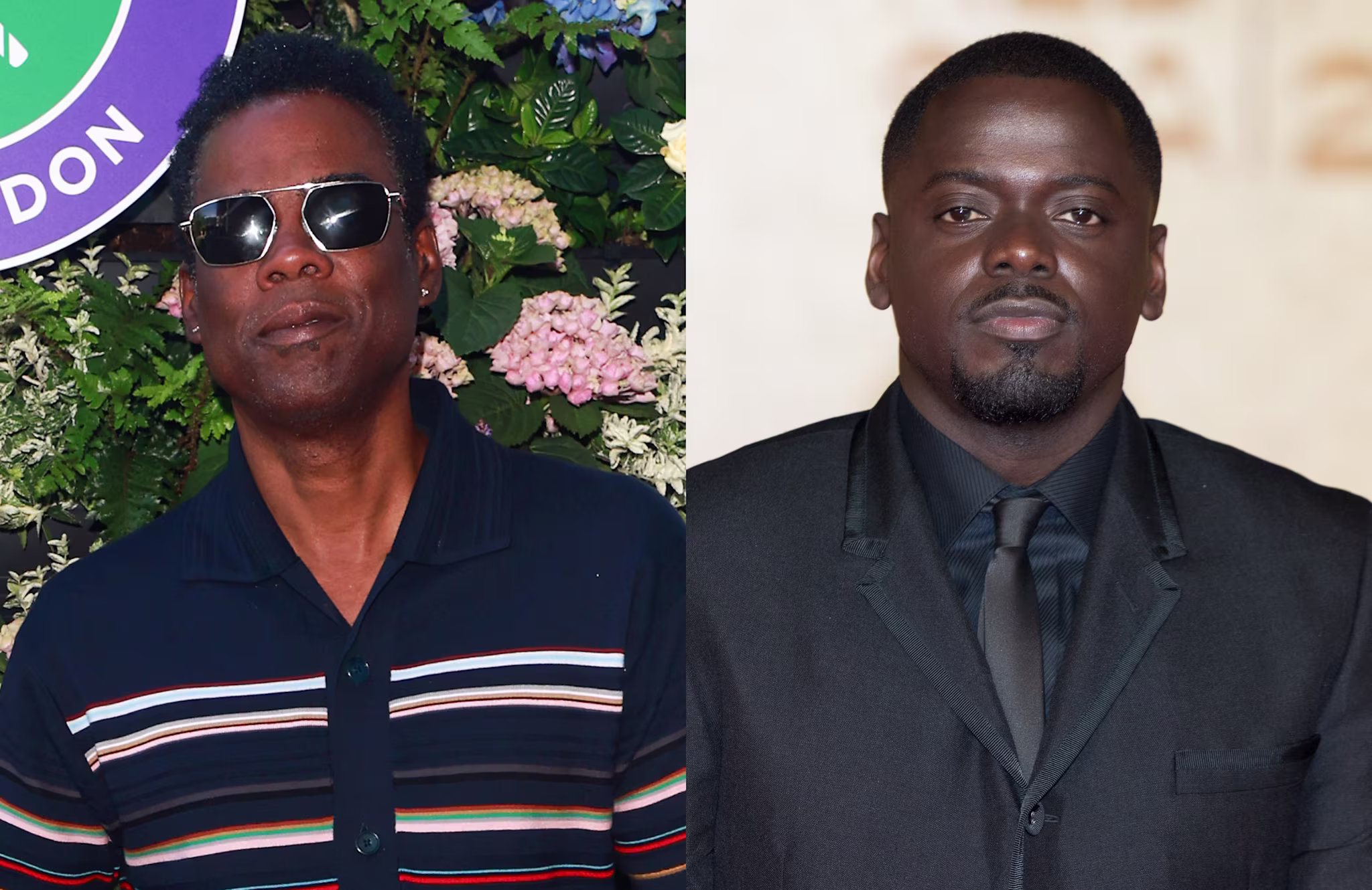 (L) Chris Rock in sunglasses and a striped shirt. (R) Daniel Kaluuya in a black suit and tie.