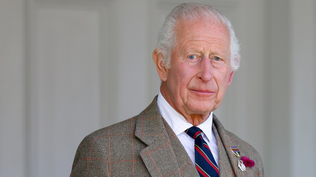 King Charles in a printed grey suit and multistriped tie.