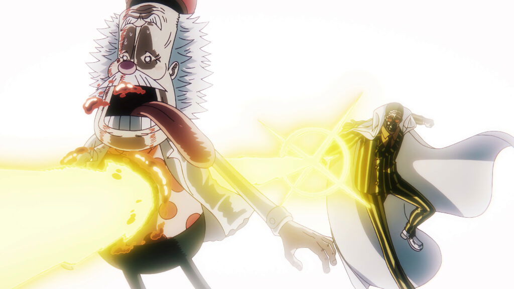 Admiral Kizaru piercing Dr. Vegapunk with a laser attack during the Egghead Island arc in One Piece.